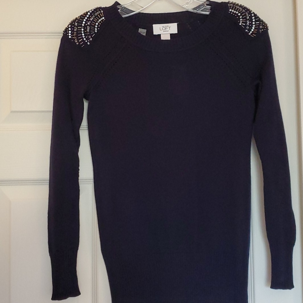 Loft Navy Sweater with Jeweled Cap Shoulders